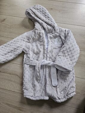 Soft Minky Dot Hooded Baby Robe Grey Bear Embroidery 2T🩷